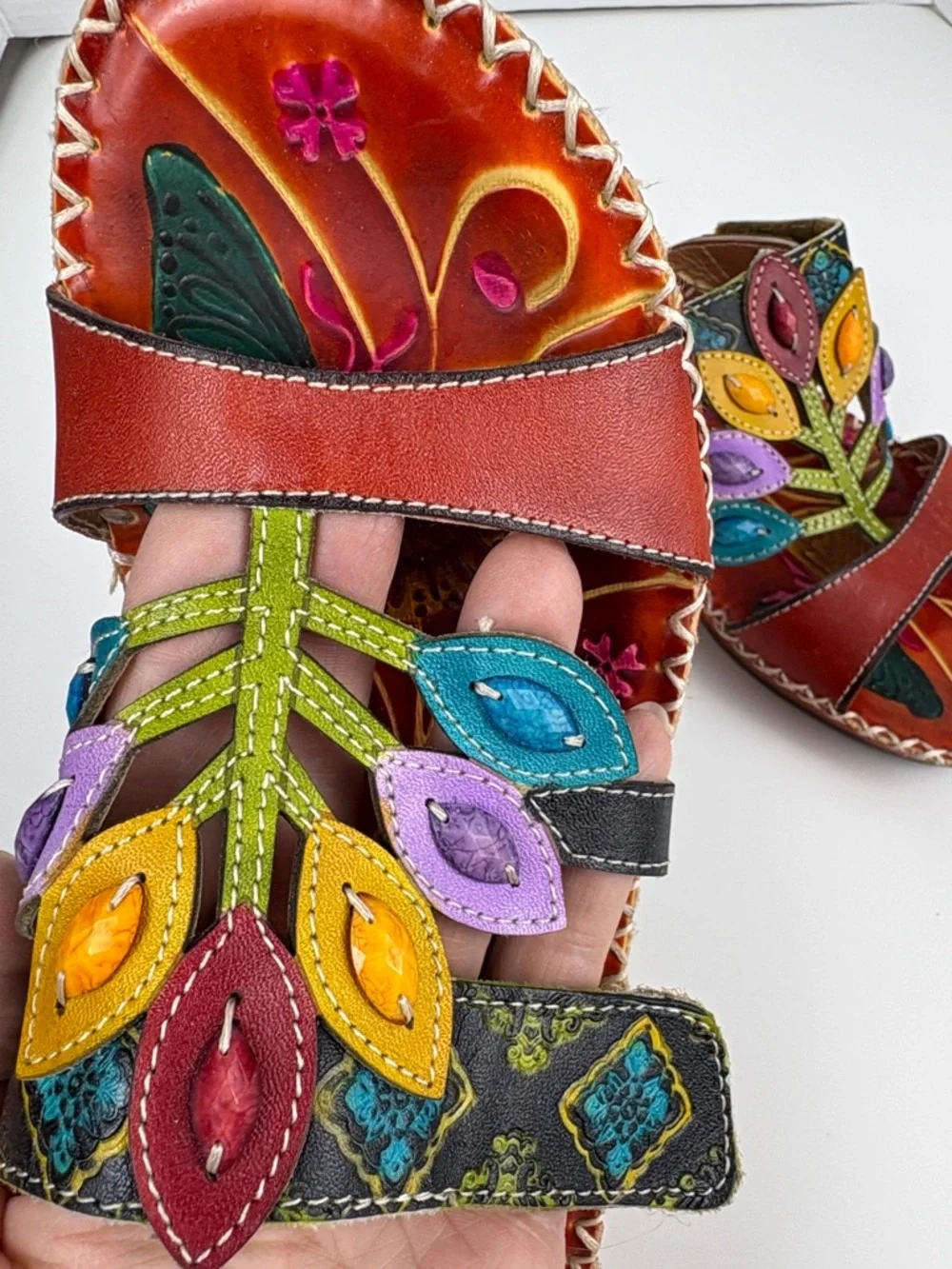 Socofy Colorful Sandals Women’s EU 39/US 8.5 Leather Leaf Cutout Style Slip On